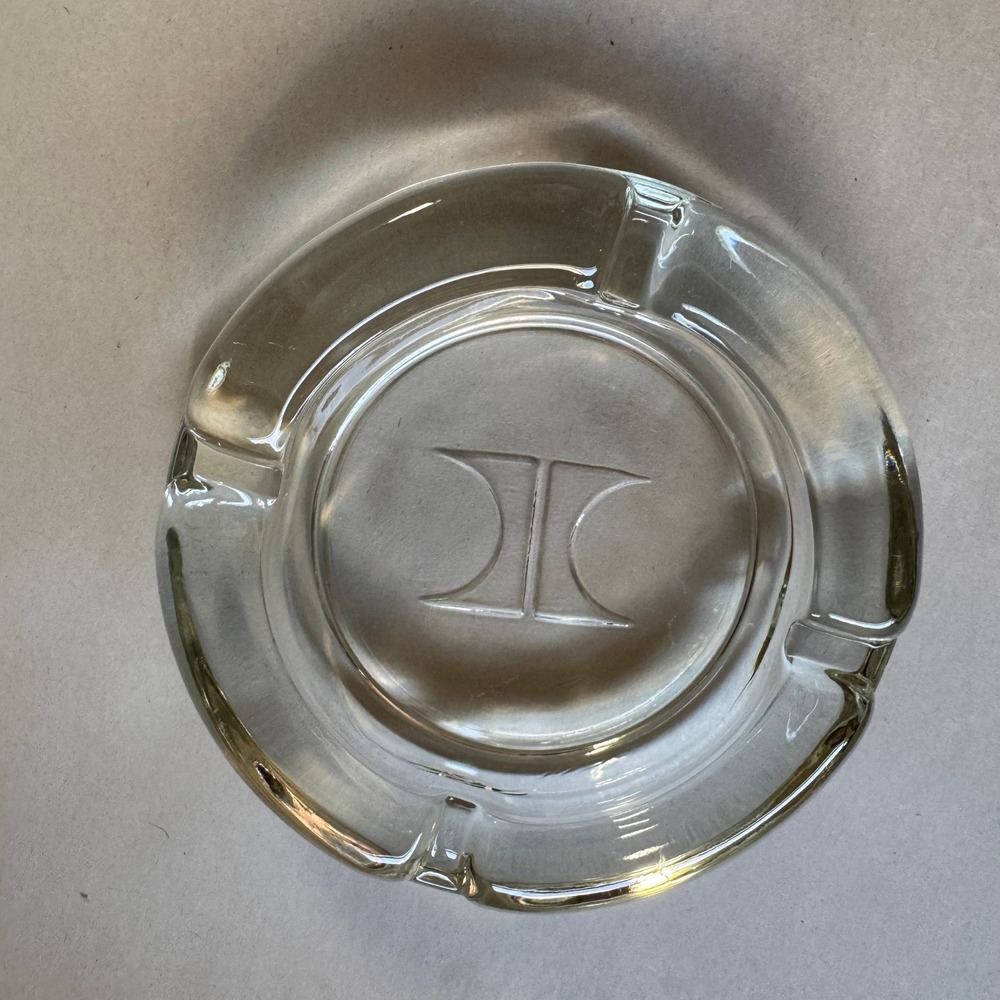 Vintage Clear Glass Round Ashtray with Embossed Center Logo